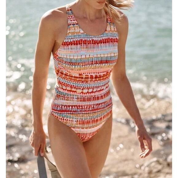 Garnet Hill One Piece Swimsuit Sz 8 High Tide Scoop Neck Shelf Bra Tummy Control - Picture 1 of 10